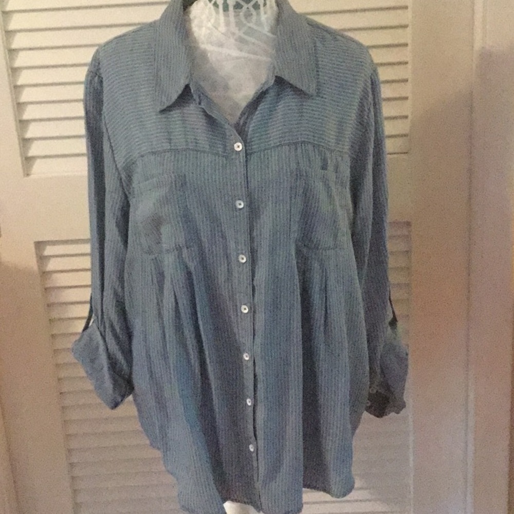 Style&Co. Blue Pinstriped Pleated Blouse